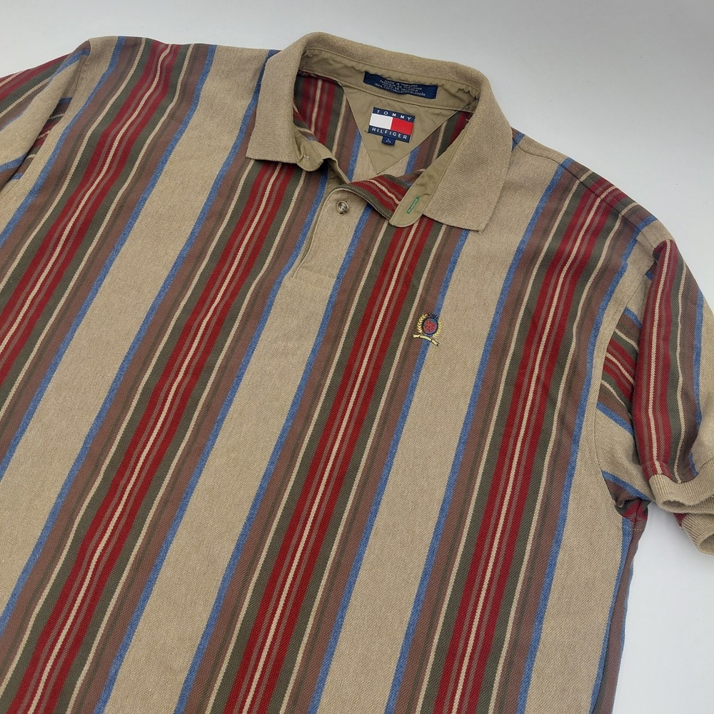 Vtg Tommy Hilfiger Men L Vertical Stripe Polo Shirt Khaki Blue Pique 90s Crest